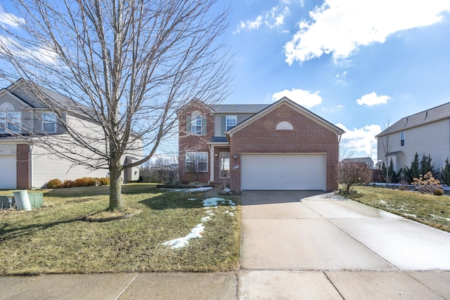 traditional home with a garage, brick siding, driveway, and a front lawn