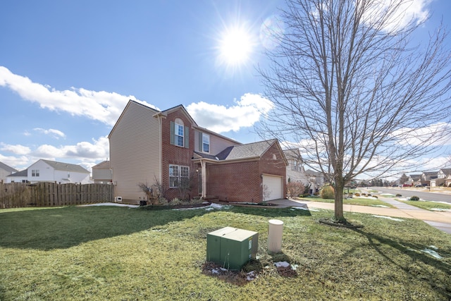 view of side of home with brick siding, concrete driveway, a lawn, fence, and a residential view