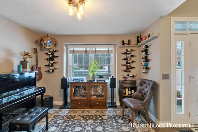 living area featuring a textured ceiling and baseboards