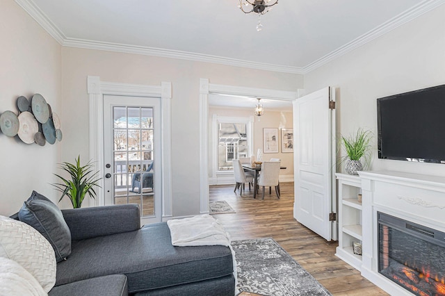 living area with ornamental molding, wood finished floors, and a glass covered fireplace