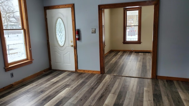 foyer entrance featuring plenty of natural light, wood finished floors, and baseboards