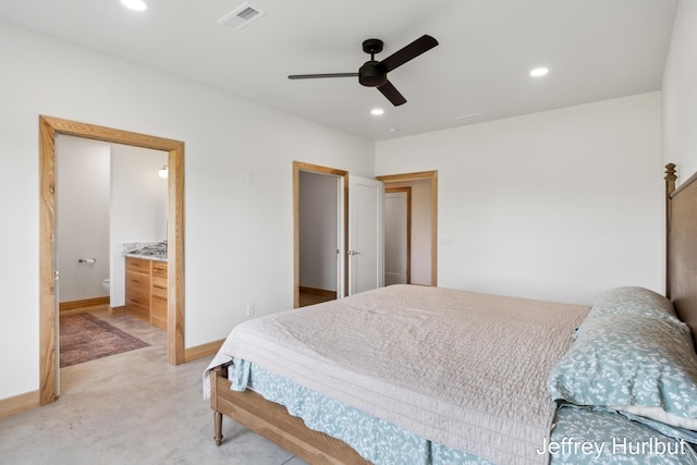 bedroom with recessed lighting, light carpet, a ceiling fan, baseboards, and visible vents