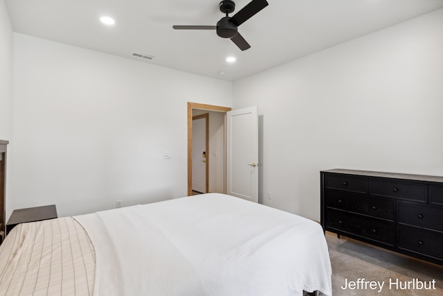 bedroom featuring ceiling fan, visible vents, and recessed lighting