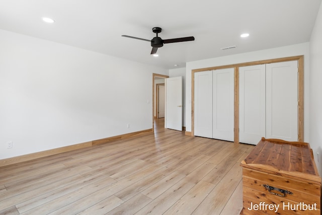 unfurnished bedroom with visible vents, baseboards, ceiling fan, light wood-type flooring, and recessed lighting