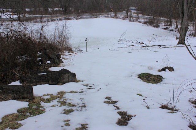 yard layered in snow with a garage