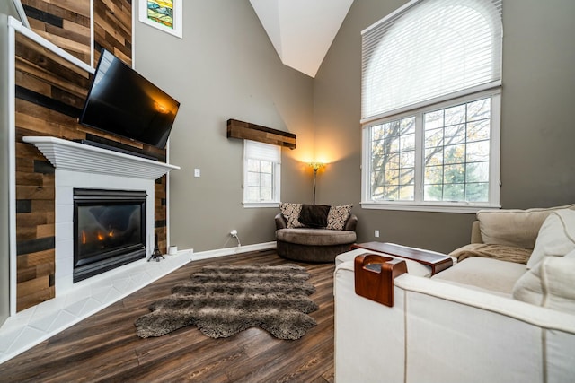 living room with baseboards, a fireplace, high vaulted ceiling, and wood finished floors