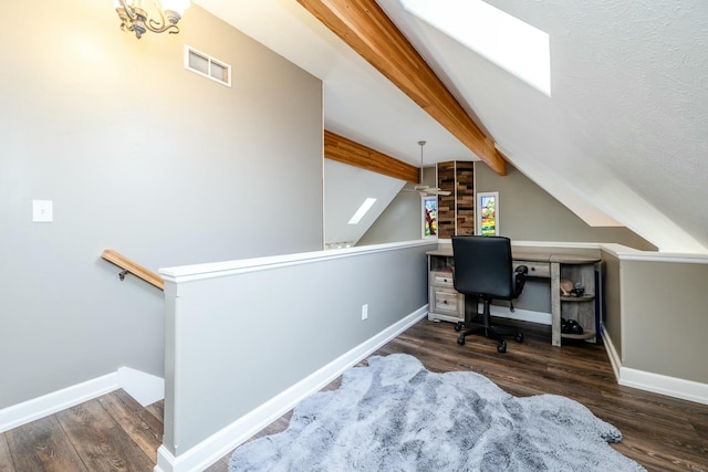 office area featuring lofted ceiling with beams, baseboards, visible vents, and dark wood-style flooring