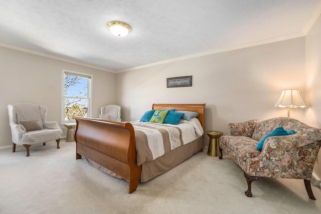 bedroom with light carpet, ornamental molding, and a textured ceiling