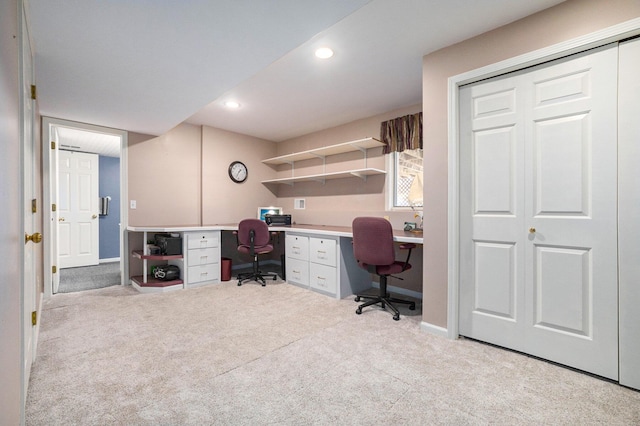 office space with light carpet, baseboards, and recessed lighting