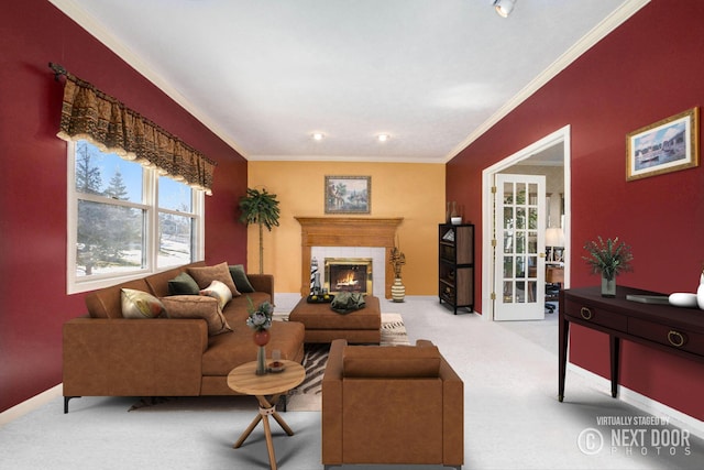 living room with light carpet, crown molding, and a fireplace