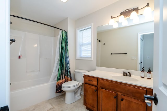 bathroom with vanity, shower / bath combination with curtain, toilet, and tile patterned floors