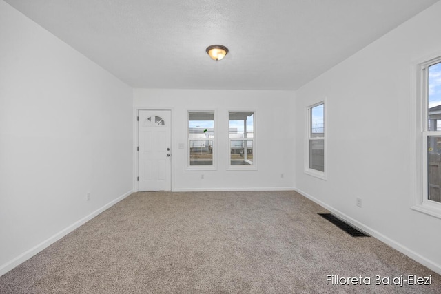 carpeted spare room featuring a healthy amount of sunlight, visible vents, a textured ceiling, and baseboards