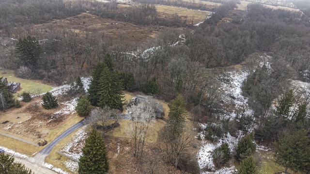 drone / aerial view with a wooded view