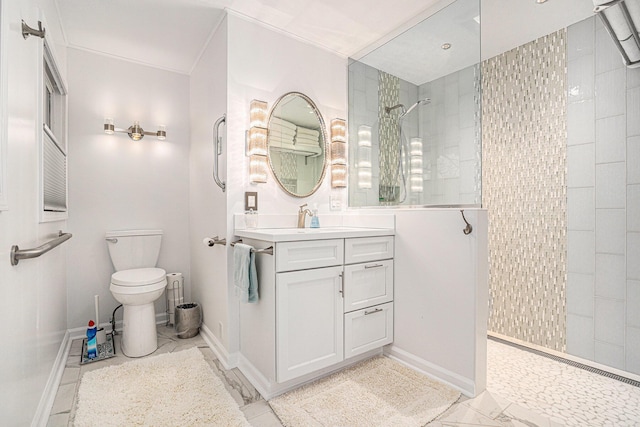 bathroom with a walk in shower, baseboards, toilet, marble finish floor, and vanity