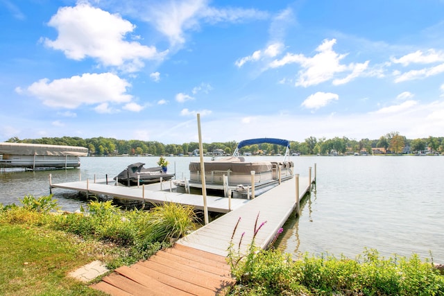 dock area with boat lift and a water view