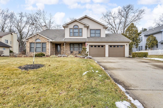 traditional home featuring brick siding, fence, concrete driveway, roof with shingles, and a front yard