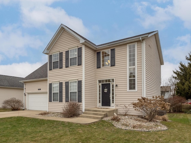 view of front of house with concrete driveway and a front lawn