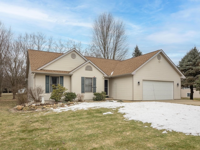 single story home with a garage, driveway, a shingled roof, and a front yard