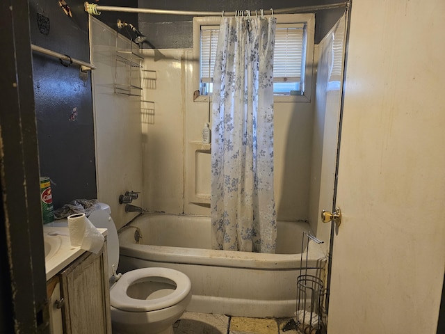 full bathroom with toilet, shower / bath combination with curtain, and vanity