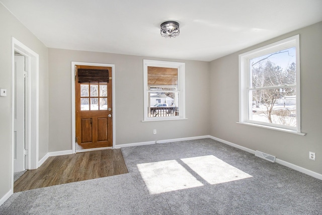 carpeted entryway featuring a healthy amount of sunlight, baseboards, and visible vents