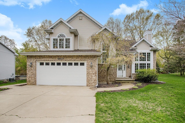 traditional-style house with brick siding, a chimney, central AC unit, driveway, and a front lawn