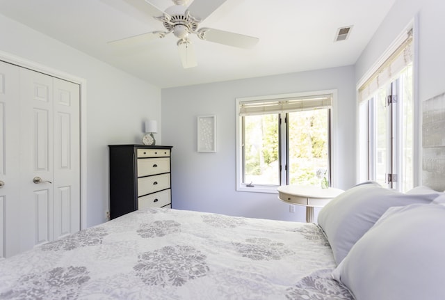 bedroom with visible vents and a ceiling fan