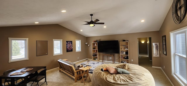 living area with recessed lighting, light carpet, vaulted ceiling, and baseboards