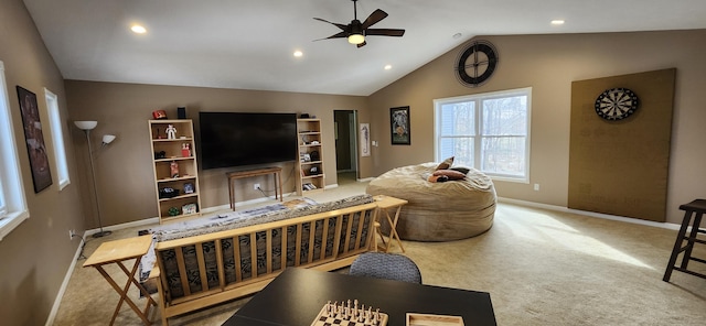 living area with lofted ceiling, ceiling fan, recessed lighting, baseboards, and carpet