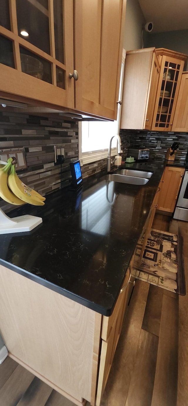 kitchen featuring dark wood finished floors, glass insert cabinets, decorative backsplash, and a sink