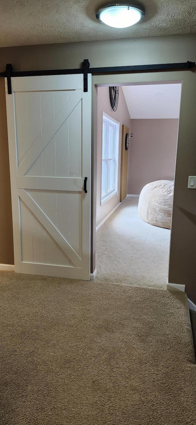 hall with carpet flooring, a textured ceiling, and a barn door