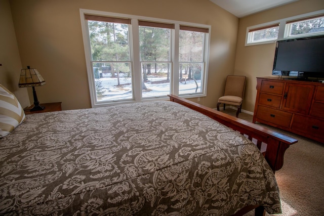 carpeted bedroom featuring vaulted ceiling