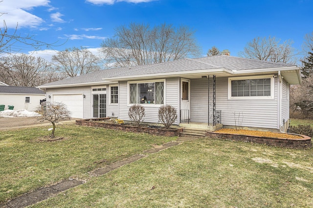 ranch-style home featuring a garage, roof with shingles, a chimney, and a front yard