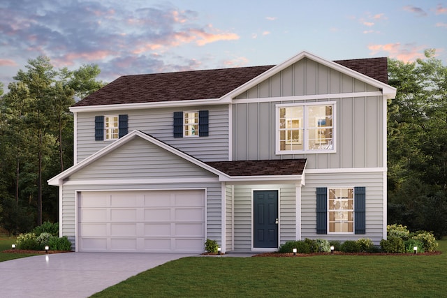 view of front facade featuring driveway, a garage, roof with shingles, board and batten siding, and a front yard