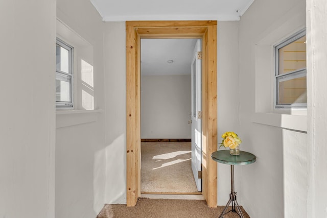 corridor featuring carpet floors and baseboards