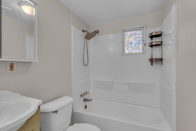 full bath with visible vents, bathing tub / shower combination, vanity, and toilet