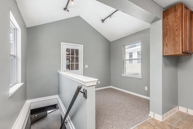 interior space featuring rail lighting, baseboards, vaulted ceiling, and carpet flooring