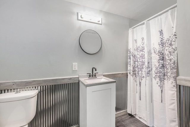 bathroom featuring wainscoting, vanity, toilet, and wood finished floors