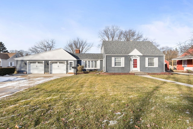 view of front of home featuring a garage, a shingled roof, driveway, a front lawn, and a chimney