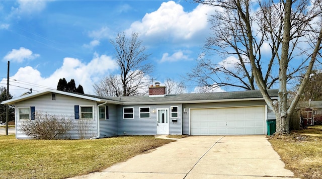 ranch-style home featuring a garage, driveway, a chimney, and a front lawn