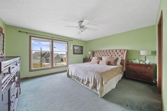 carpeted bedroom with a ceiling fan, visible vents, a textured ceiling, and baseboards