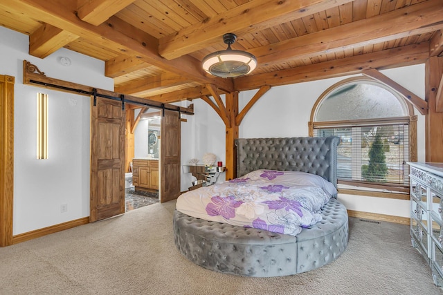 carpeted bedroom featuring wooden ceiling, beamed ceiling, baseboards, and a barn door