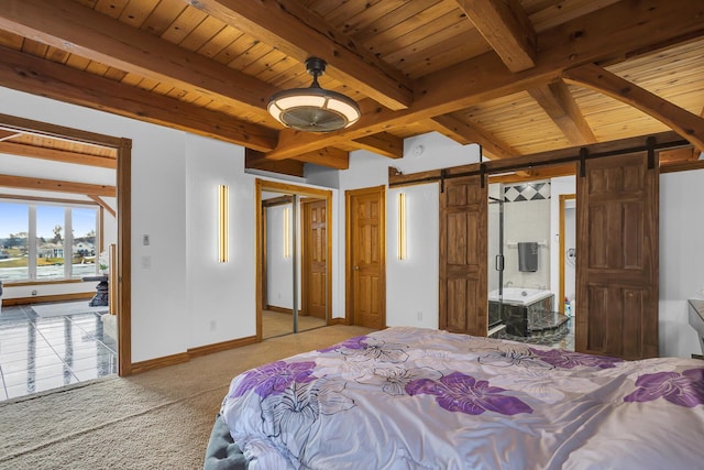 bedroom featuring light carpet, a barn door, baseboards, wooden ceiling, and beam ceiling