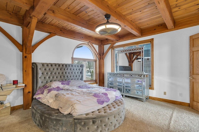 bedroom with carpet floors, beamed ceiling, wood ceiling, and baseboards