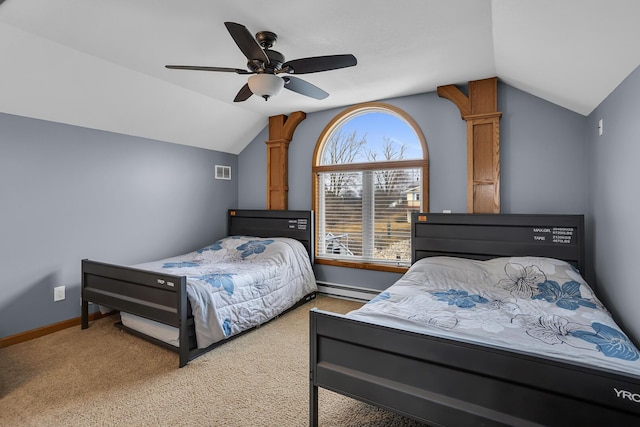 bedroom with baseboards, visible vents, lofted ceiling, baseboard heating, and carpet flooring