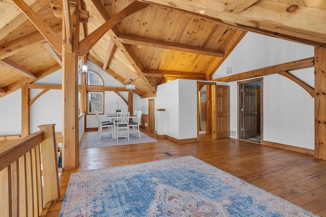 interior space with wooden ceiling, visible vents, baseboards, hardwood / wood-style floors, and beamed ceiling