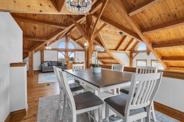 unfurnished dining area with vaulted ceiling with beams, light wood finished floors, and plenty of natural light