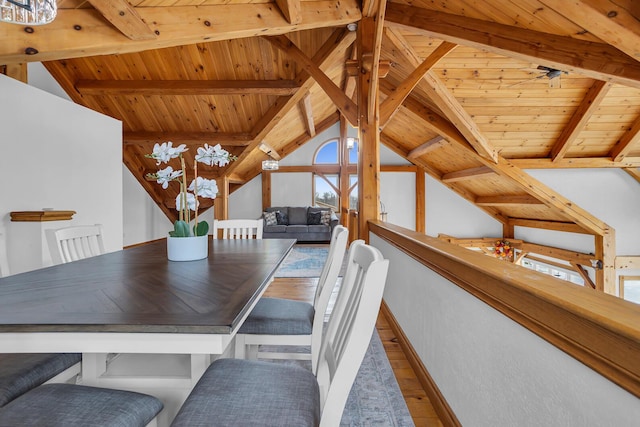 unfurnished dining area with vaulted ceiling with beams, wooden ceiling, wood finished floors, and baseboards