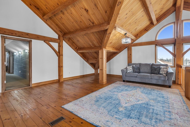 unfurnished living room with light wood-type flooring, wooden ceiling, visible vents, and baseboards