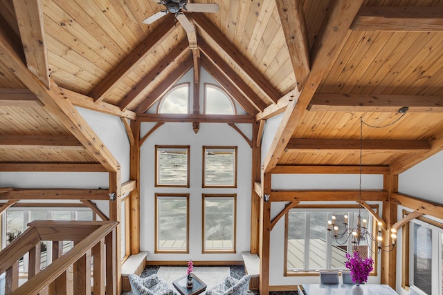 interior details featuring wood ceiling, beamed ceiling, and ceiling fan with notable chandelier