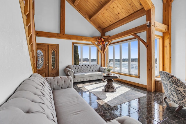 living room featuring high vaulted ceiling, wooden ceiling, baseboards, marble finish floor, and beamed ceiling